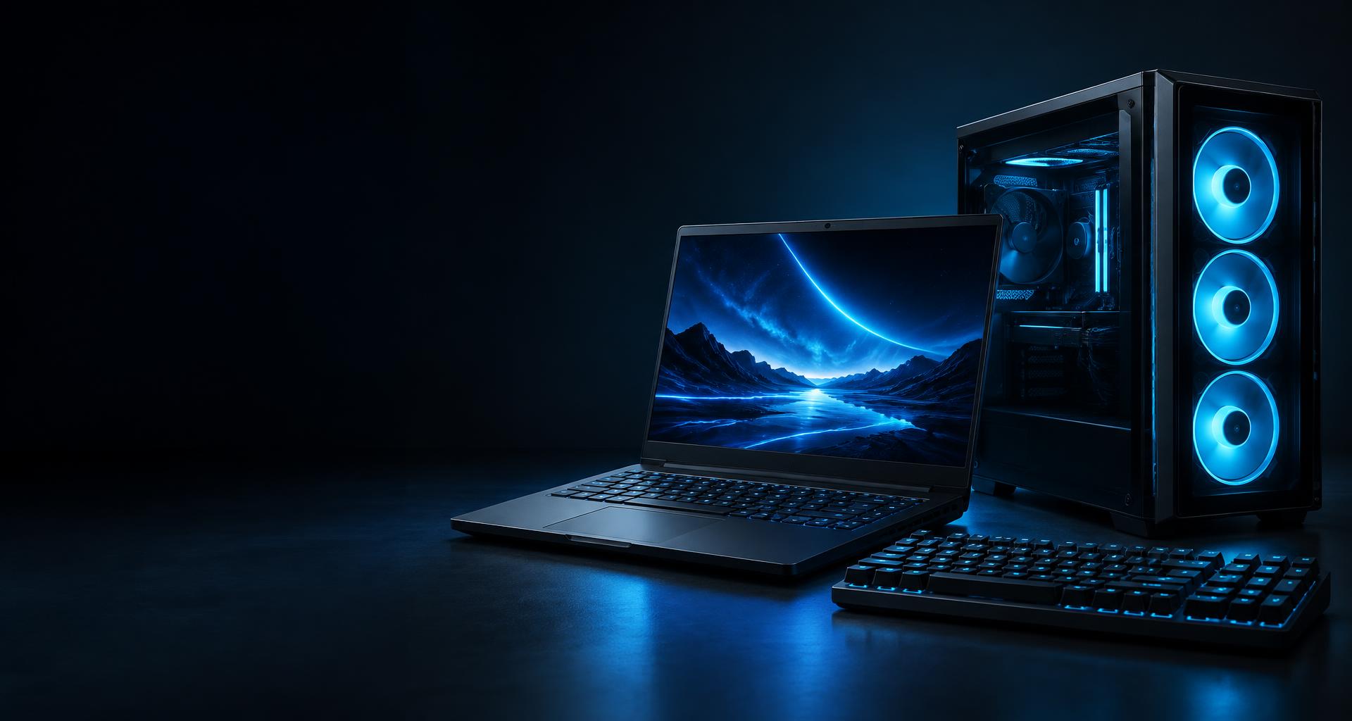 Illustration of a gaming laptop and blue-lit gaming desktop setup